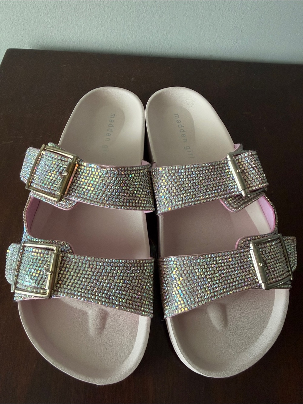 🆕MADDEN GIRL PINK  IRIDESCENT CRYSTAL DOUBLE-BUCKLE  SLIDES